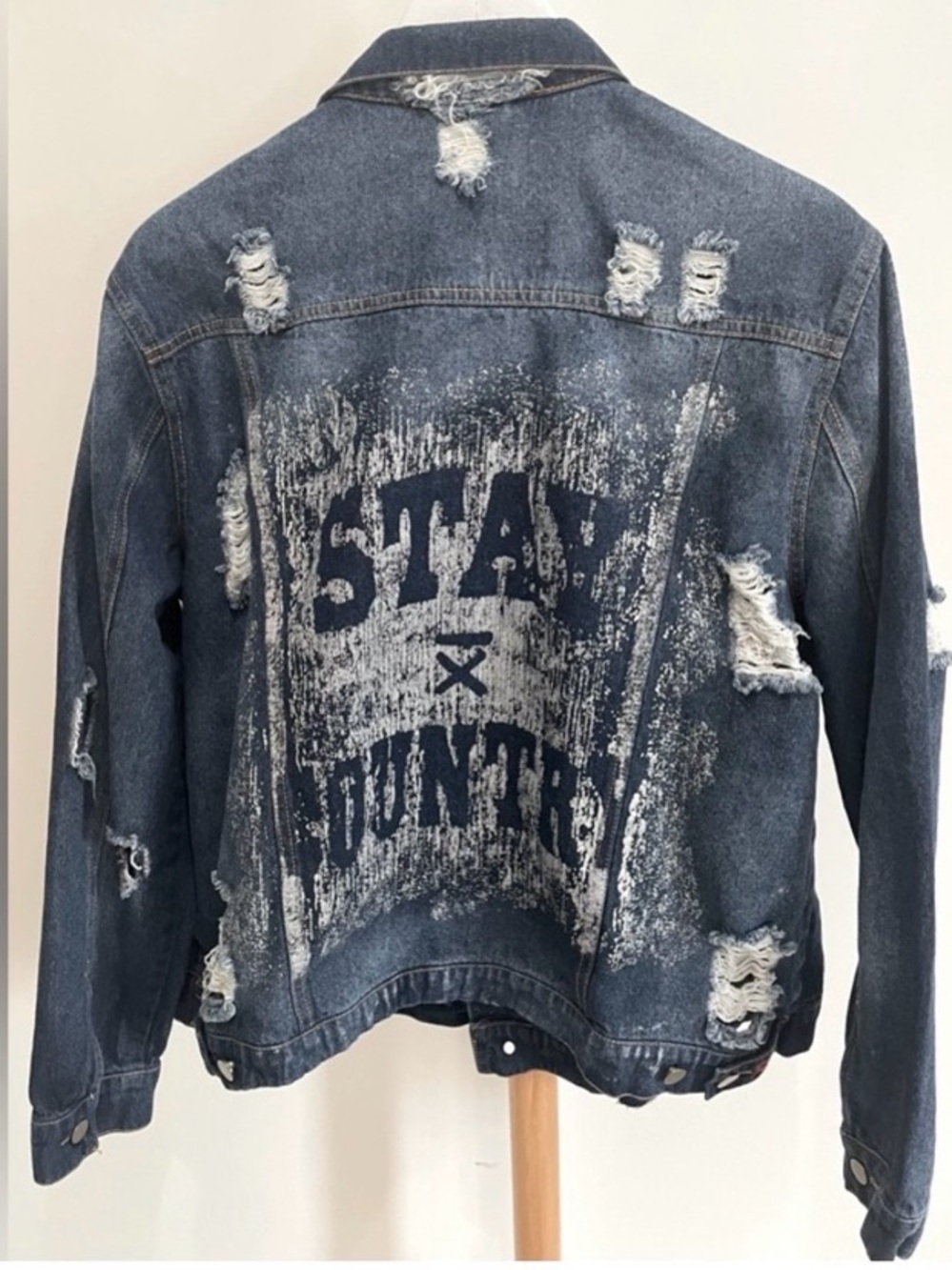 Stay Country Distressed Graphic Denim Button-Up Jacket in Dark Blue